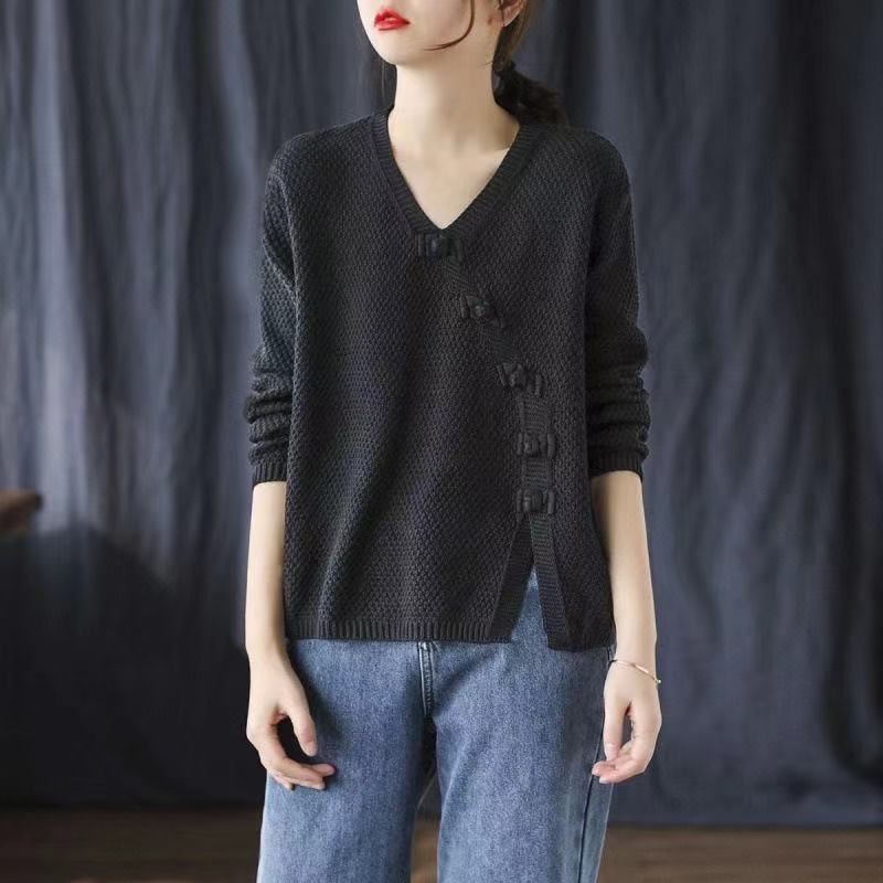 Autumn Winter Literary Vintage Buttons V-neck Sweater Ladies Loose Casual Knitting Pullover Top Women All-match Jumper Outwear alx