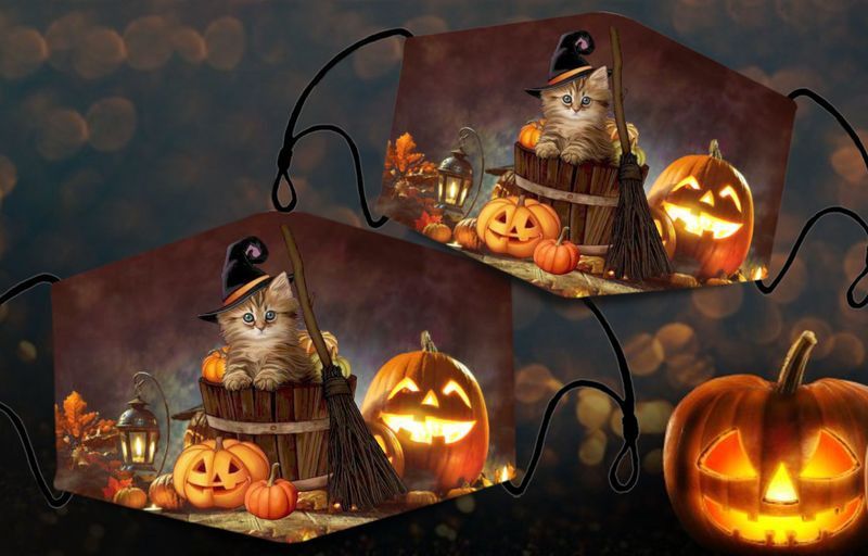 Witch Cat Halloween Pumpkin Face Covering Kitty Kitten Cat Lovers Halloween Costume Cotton Mask 1-10 Pcs For Kid & Adult All Over Print Face Mask Covering For Adults And Kids