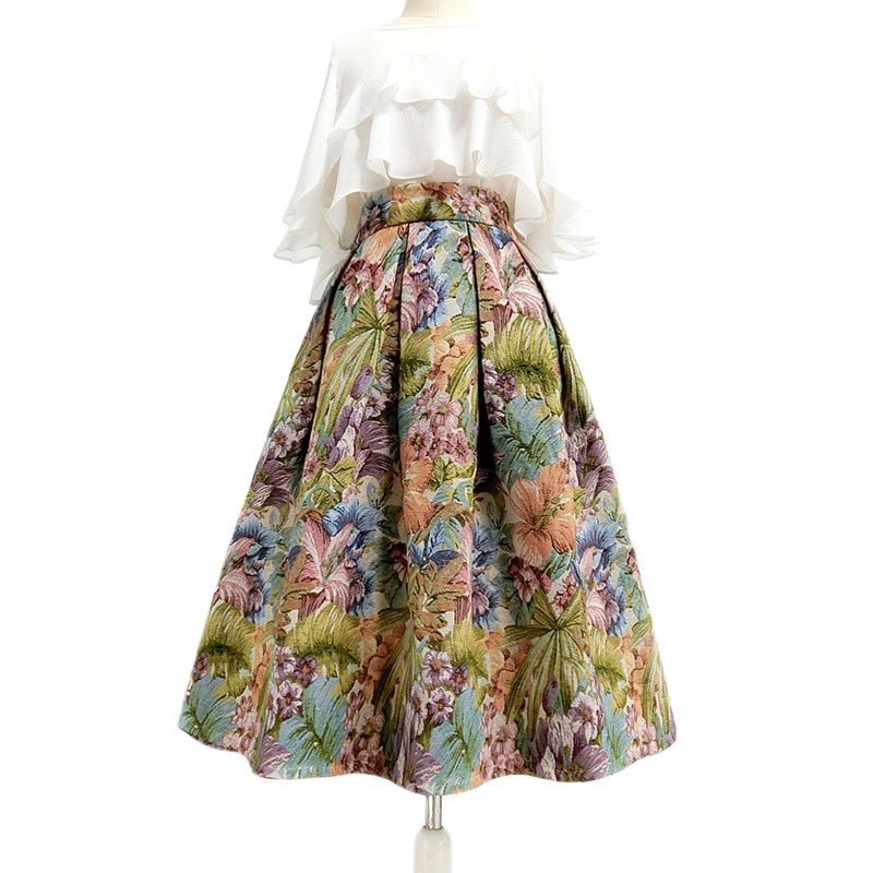 2022 Autumn Hepburn 50s Vintage Aesthetic Elegant Retro Fancy Flower Floral Print High-Waist Long Skirt Midi Length Cotton Linen alx