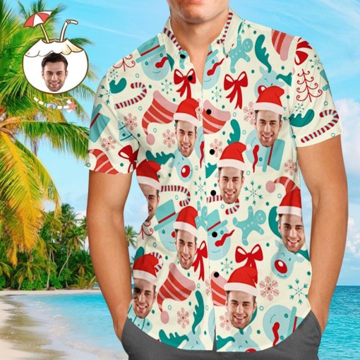 Custom Face Personalized Photo Shirt Personalized Photo Men S Hawaiian Shirt Christmas Gift Santa Hat 2699