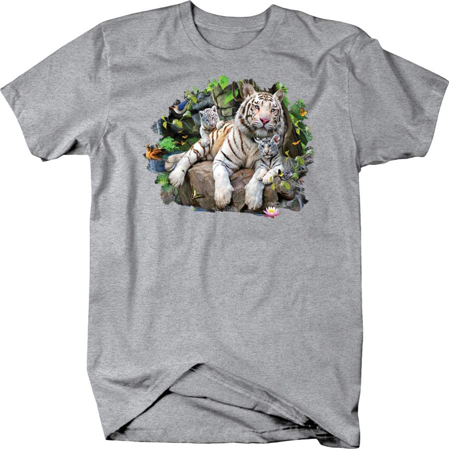 White Tigers Laying on Rocks Baby Cubs and Mom Tiger Shirt