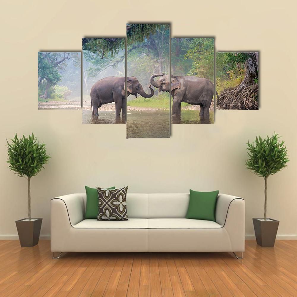 Asian Elephants In A Natural River At Deep Forest Animal 5 Panel Canvas Art Wall Decor