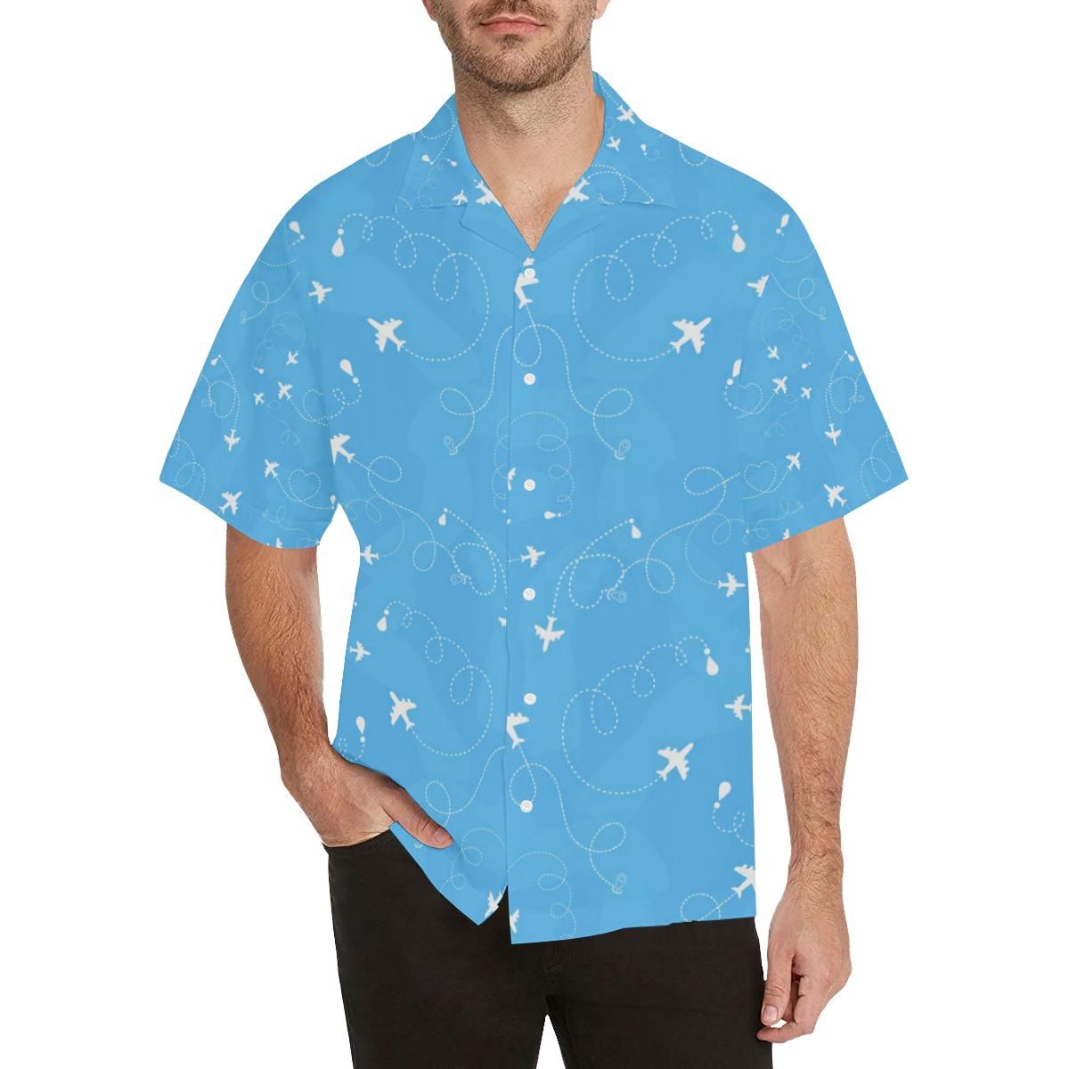 Airplane Pattern Blue Backgroung Men’s All Over Print Hawaiian Shirt