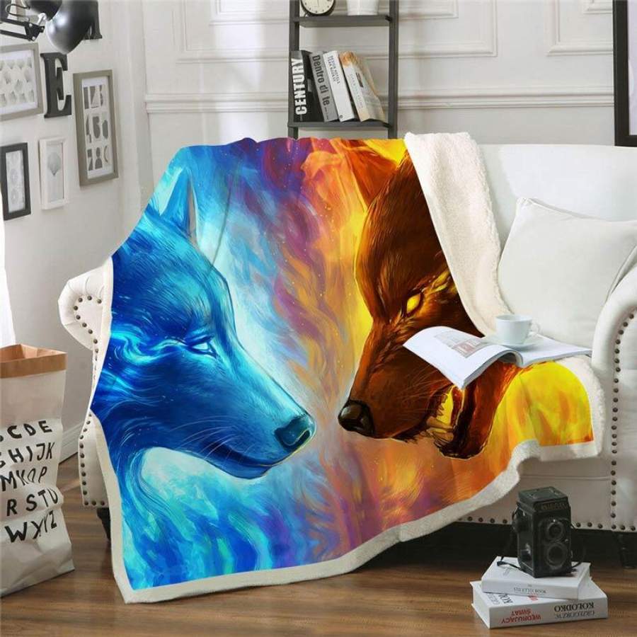 Two Wolf Throw Blanket | Animal Wolf Fleece Blanket for Adult Kids