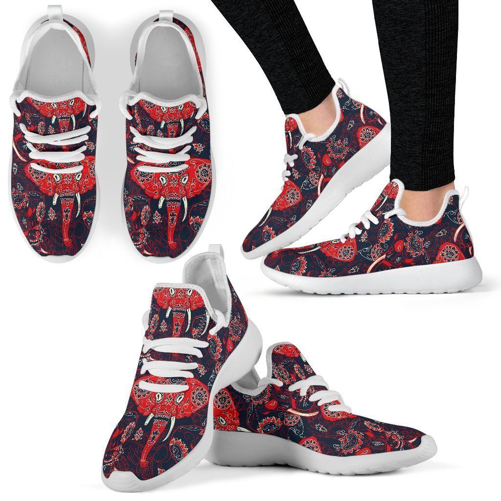 Red Indian Elephant Pattern Mesh Knit Sneakers Shoes For Women, Men