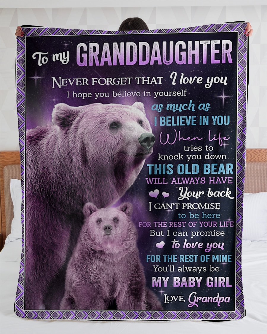 To My Granddaughter Fleece Blanket, Personalized Birthday Gift For Granddaughter From Grandpa Purple Bear Blanket