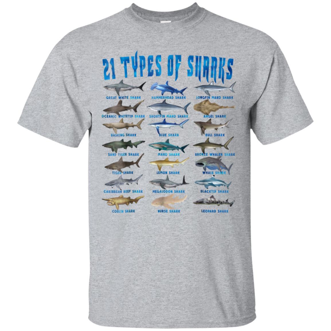 Shark Lovers T-shirt 21 Types of Sharks Ocean Animal