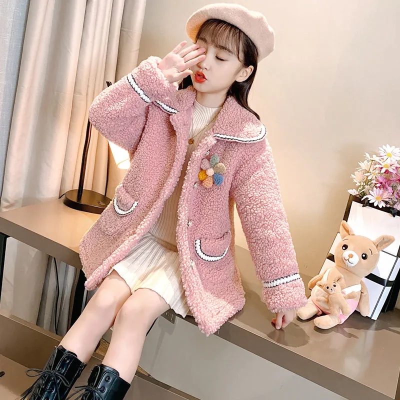 Winter Girls Lambswool Dress Jacket Coat 4-14 Years Chidlren Lapel Cotton Padded Outerwear Teeange Kids Warm Jackets for Girls alx