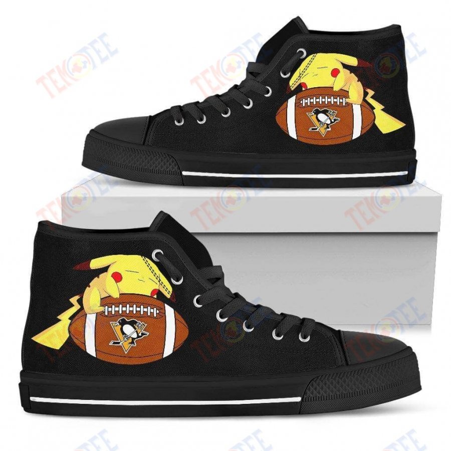 Mens Womens Pittsburgh Penguins High Top Shoes Cool Pikachu Laying On Balltop Quality TMT565