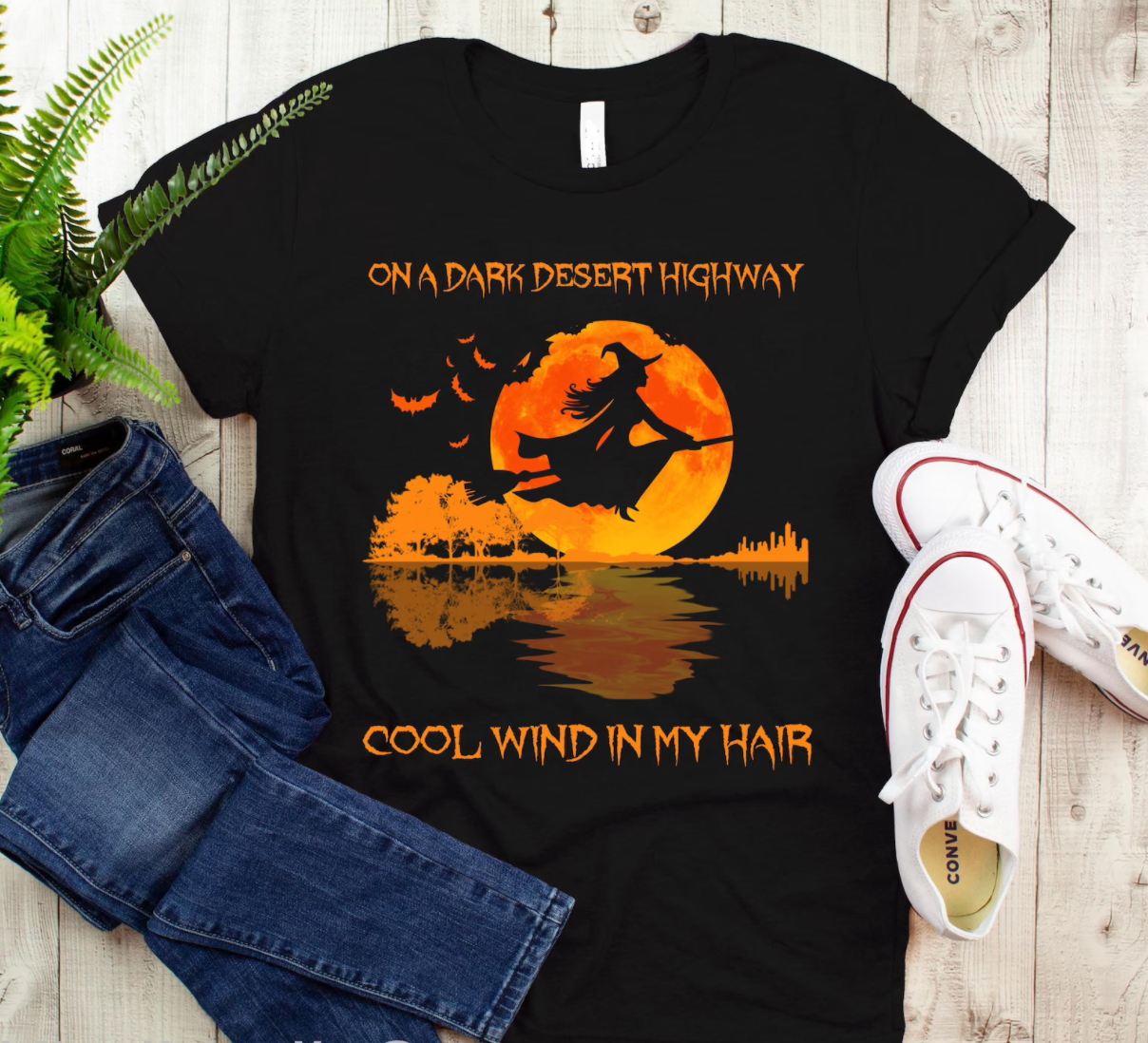 On A Dark Desert Highway Cool Wind In My Hair Blood Moon Witch Halloween T-Shirt