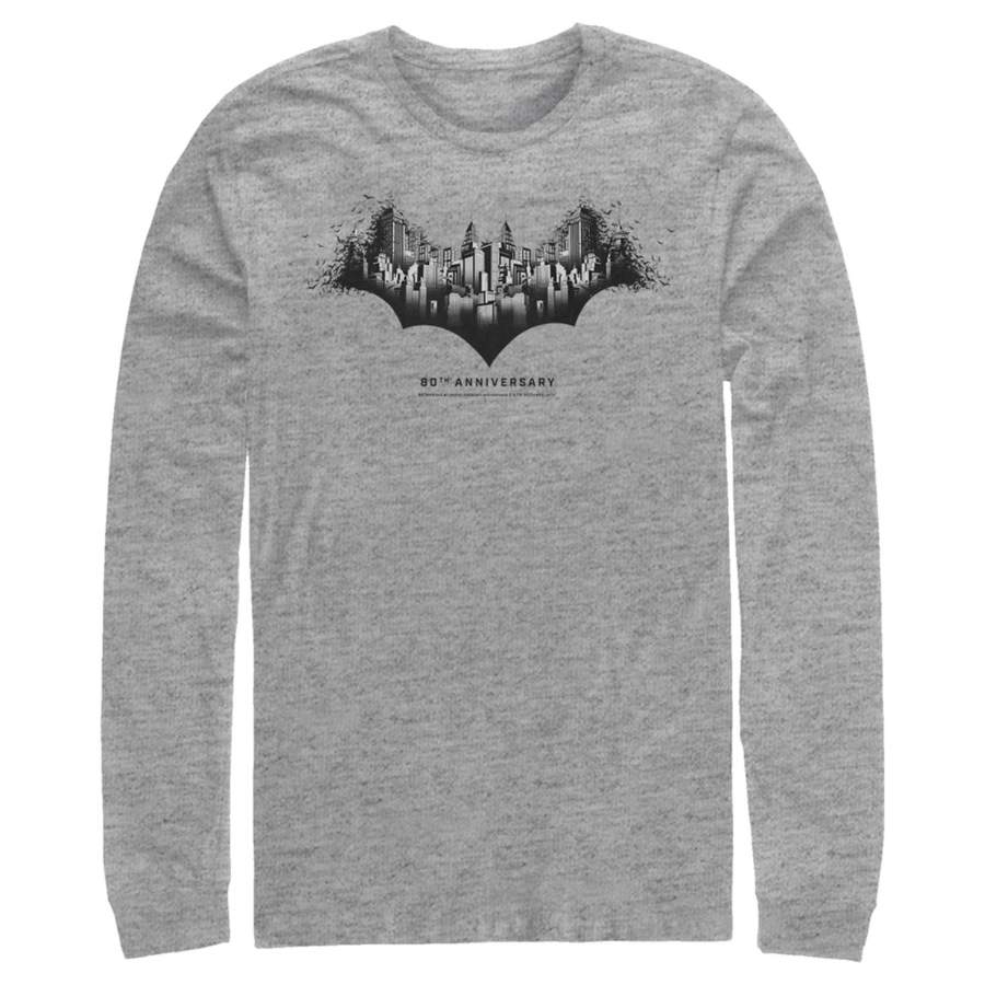 Batman Men’s Gotham Skyline Bat Shape  Long Sleeve Shirt