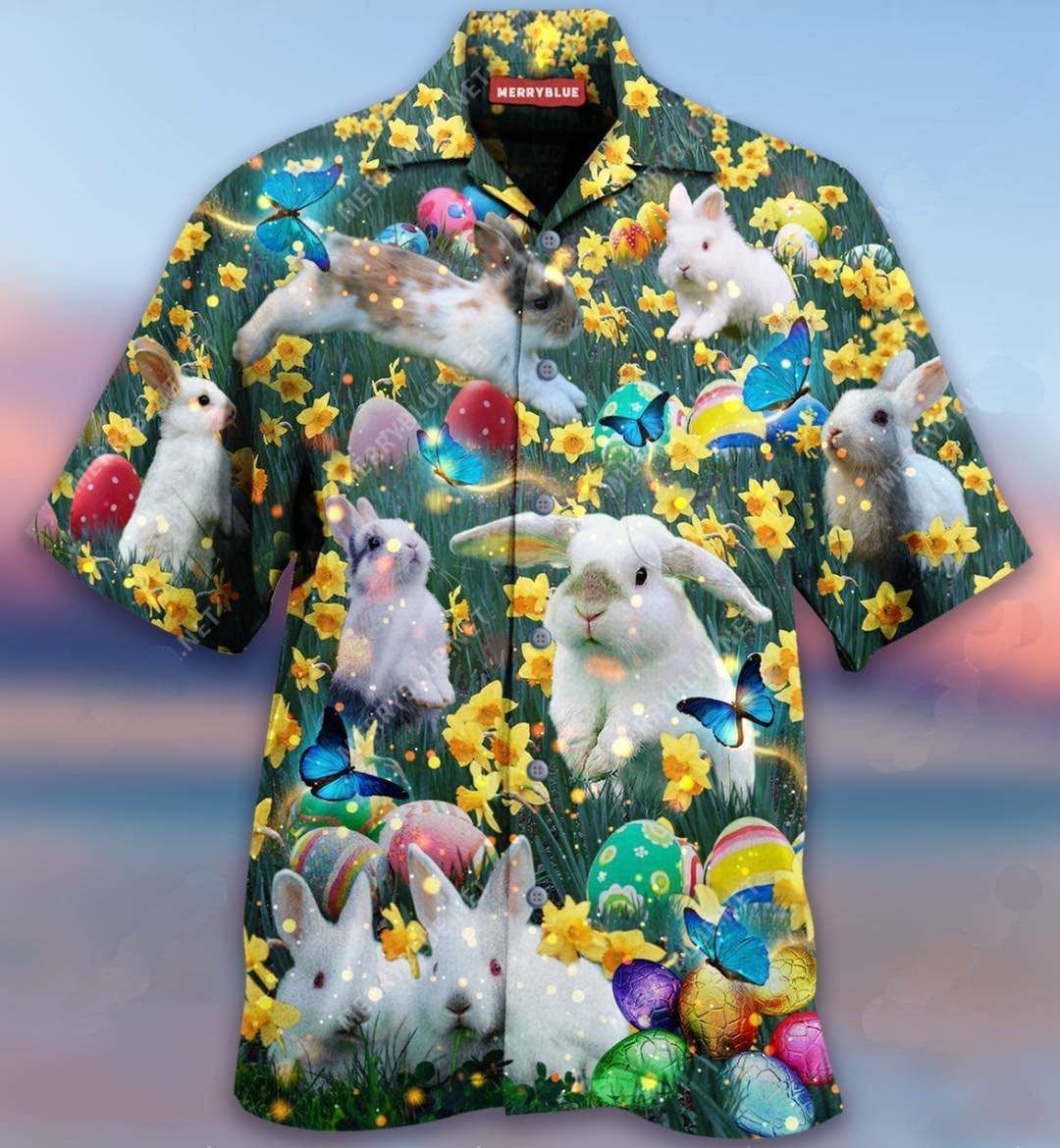 Discover Cool Lovely Bunny And Butterfly In Flower Garden Happy Easter Hawaii Aloha Shirts Ha79492