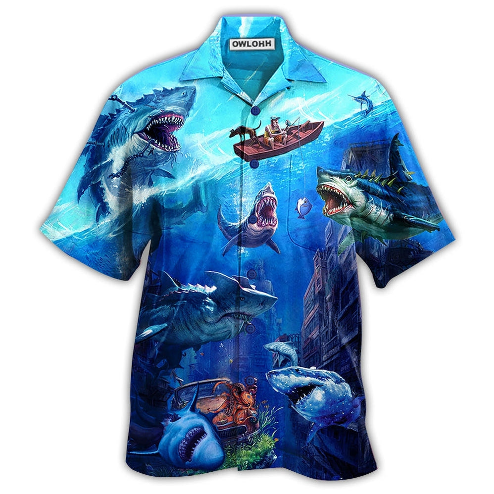 Shark Fishing Shark With Small Ship Blue Ocean – Hawaiian Shirt