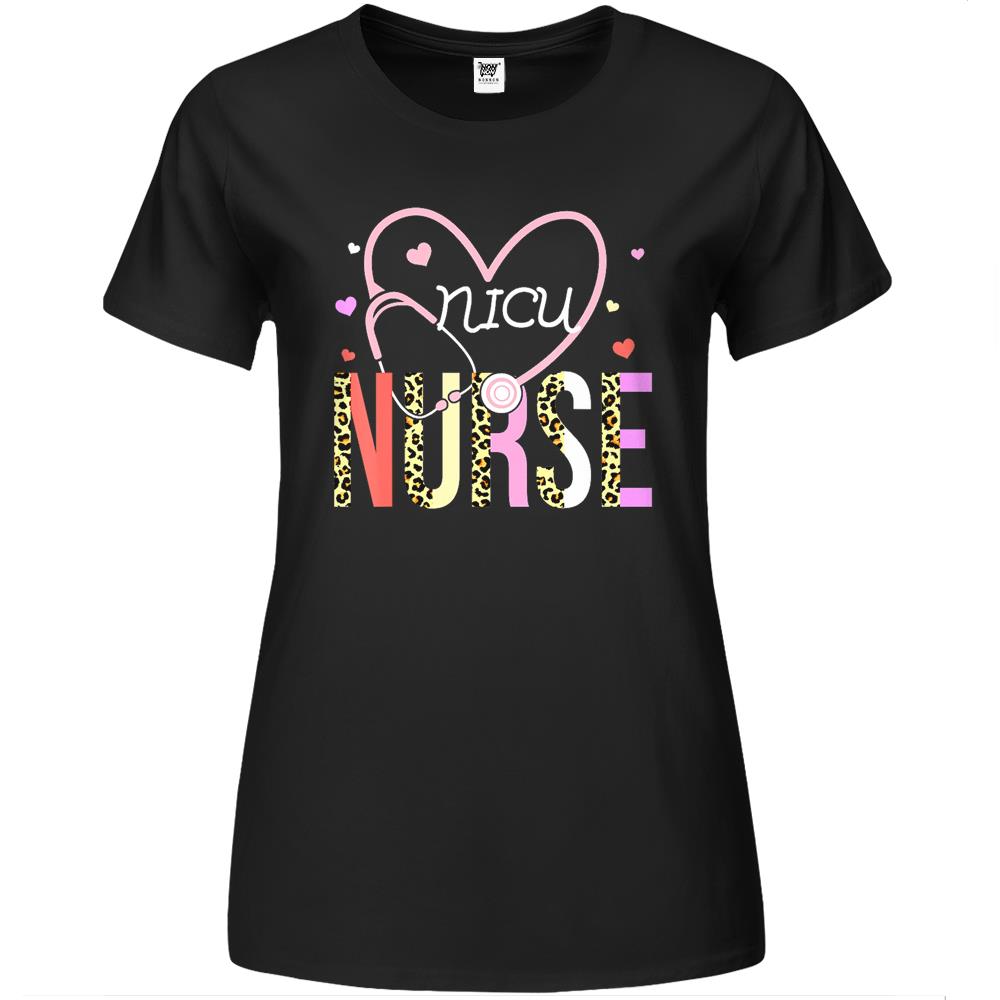 Nicu Nurse Valentine Leopard Print Heart Stethoscope Nursing Premium Womens T Shirts