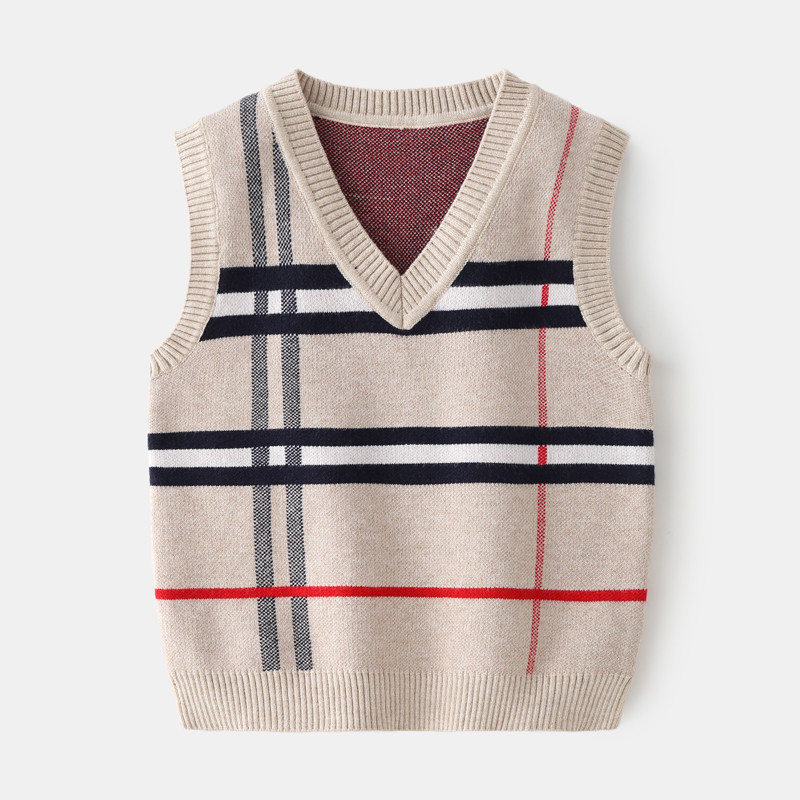 2-8T Plaid Sweater Tank For Boy Girl Toddler Kid Baby Spring Autumn Sweater V Neck Knit Top Fall Fashion Vest Knitwear Clothes alx