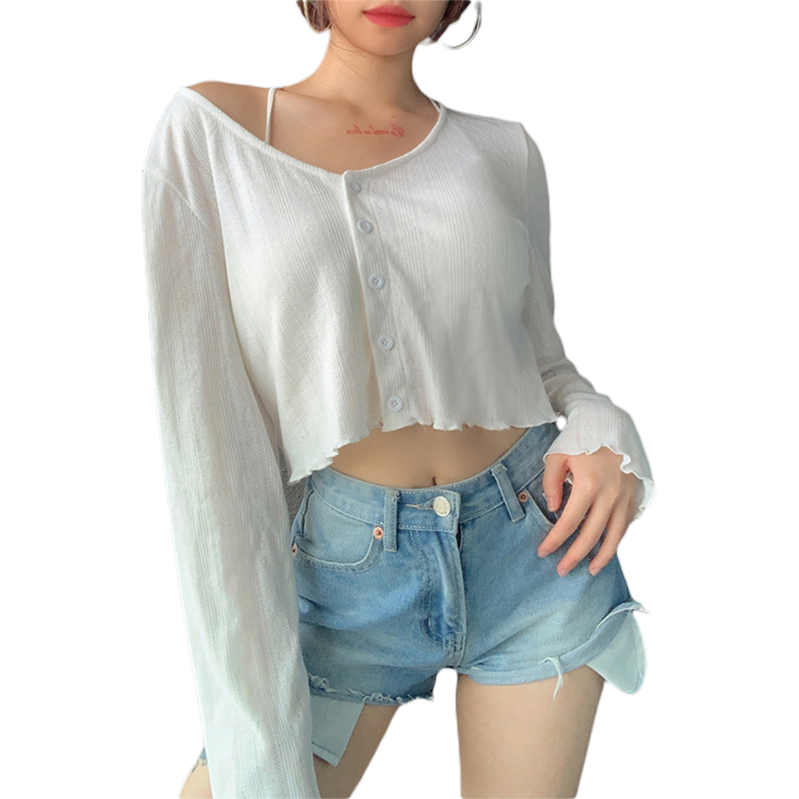 2021 Women Casual Button Down Crop Tops Long Sleeve V Neck Solid Color Loose Blouse Cardigan for Daily Wear Street Vacation alx