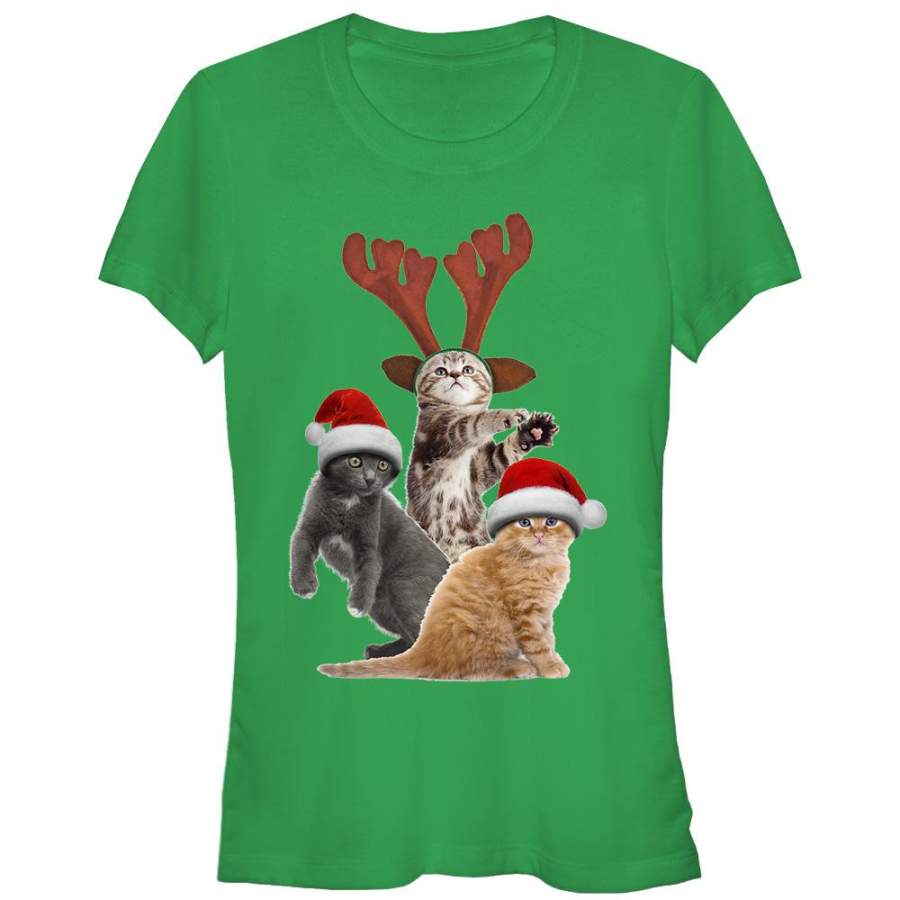 Lost Gods Junior’s Ugly Christmas Cats  T Shirt Kelly Green S