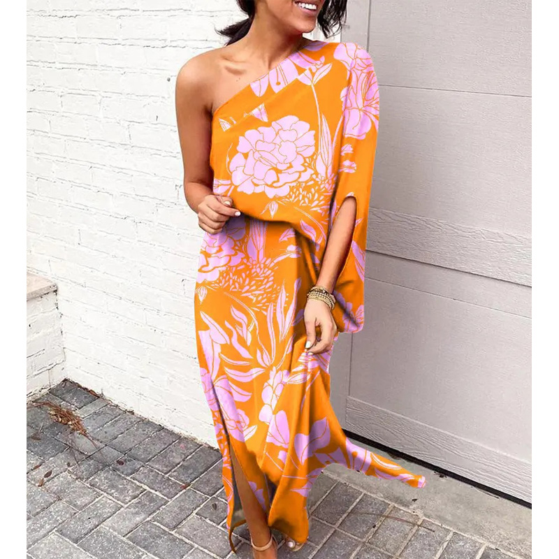 2022 New Fashion Women Casual Summer Dress One Shoulder Split Hem Plants Print Maxi Dress alx