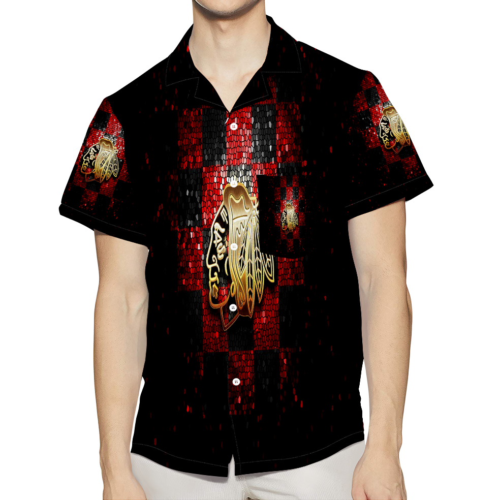 Chicago Blackhawks Emblem Texture Twinkle 3D All Over Print Summer Beach Hawaiian Shirt With Pocket