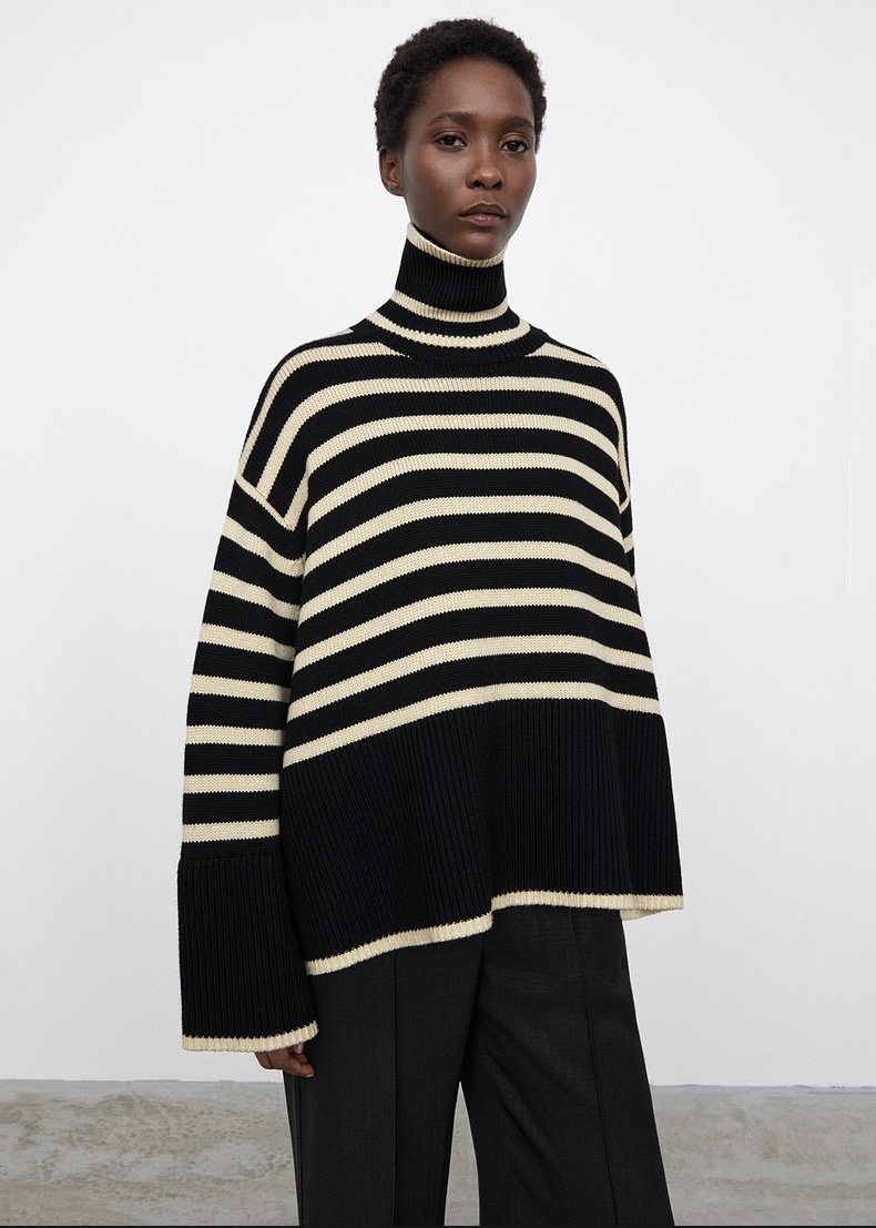 Autumn and winter European cashmere languid wind sweater top high collar wide sleeve stripe color matching wool loose sweater alx