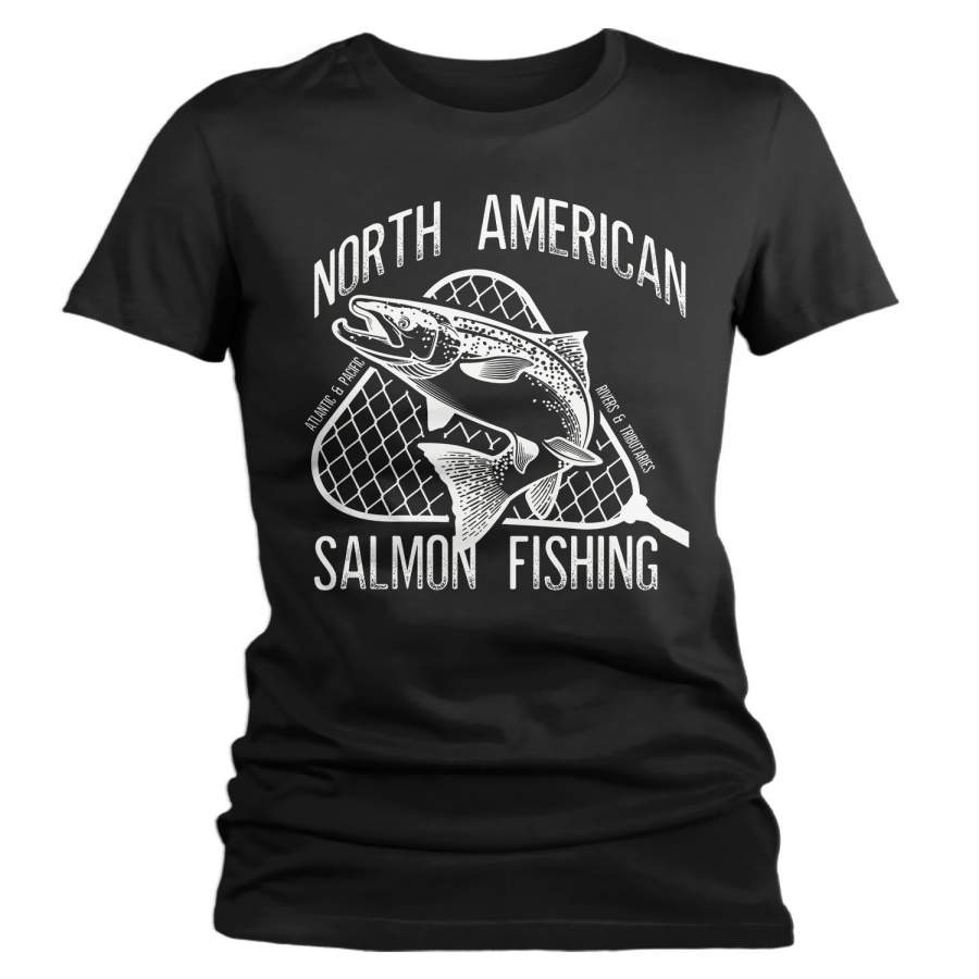 Women’s Salmon Fishing T Shirt North American Salmon Shirts Vintage T-Shirt Fisherman Shirt Fishing Gift Idea Tee