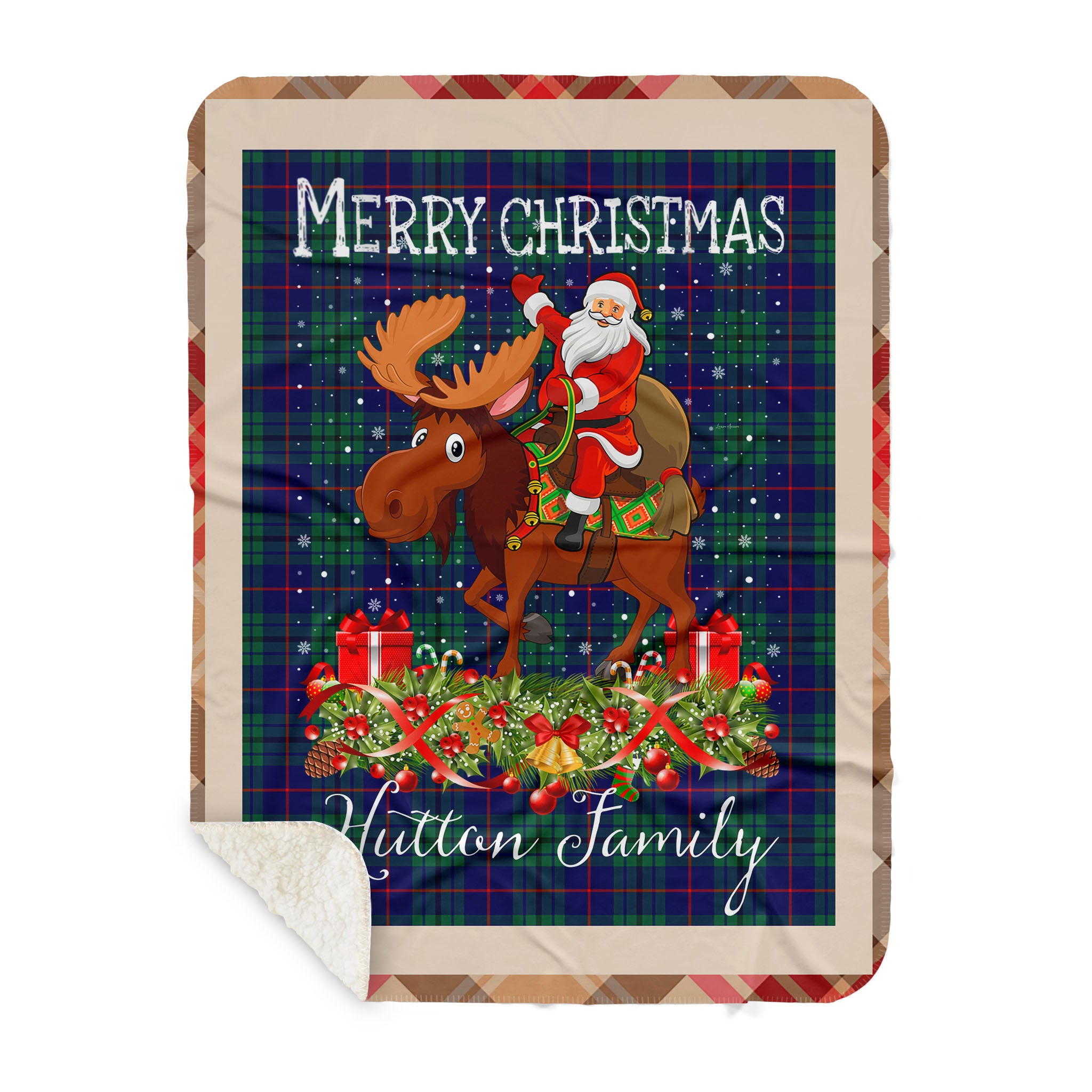 Sherpa Blanket – Personalized Gift Plaid Tartan Blanket Clan Hutton With Moose Lover Xmas Gift Santa Riding Buffalo Plaid Christmas Blanket