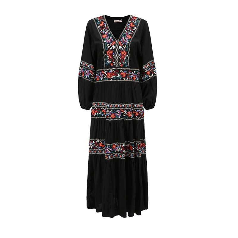 Summer Bohemian Travel Holiday Wind Beach Dress Ethnic Wind Retro Heavy Industry Flowers Embroidered Cotton Long Style Dress alx