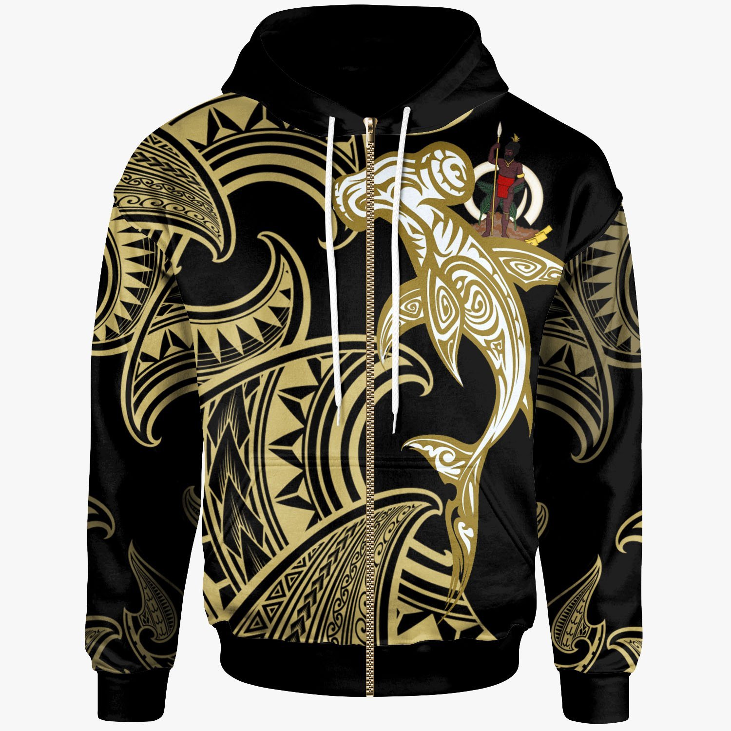 Vanuatu Zip-Up Hoodie – Hammerhead Shark Tribal Pattern – Pacific Print Hoodie