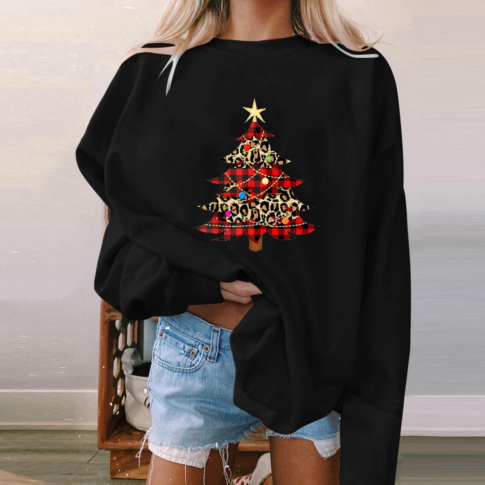 Christmas Women Round Neck Long Sleeve Solid Sweatshirt Casual Cute Print Top Long College Sweatshirts Ladies Raglan Sweatshirt alx