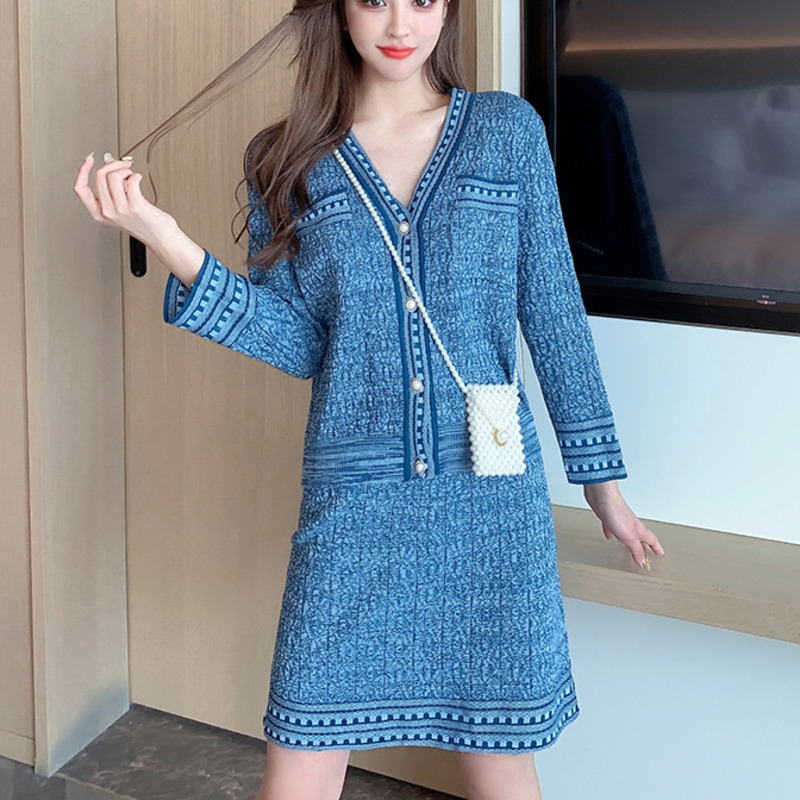 Autumn Knitted 2 Piece Set Women Striped V Neck Short Cardigan Sweater Coat Tops + Mini Skirt Set Sweat Suits Skirt And Top Set alx