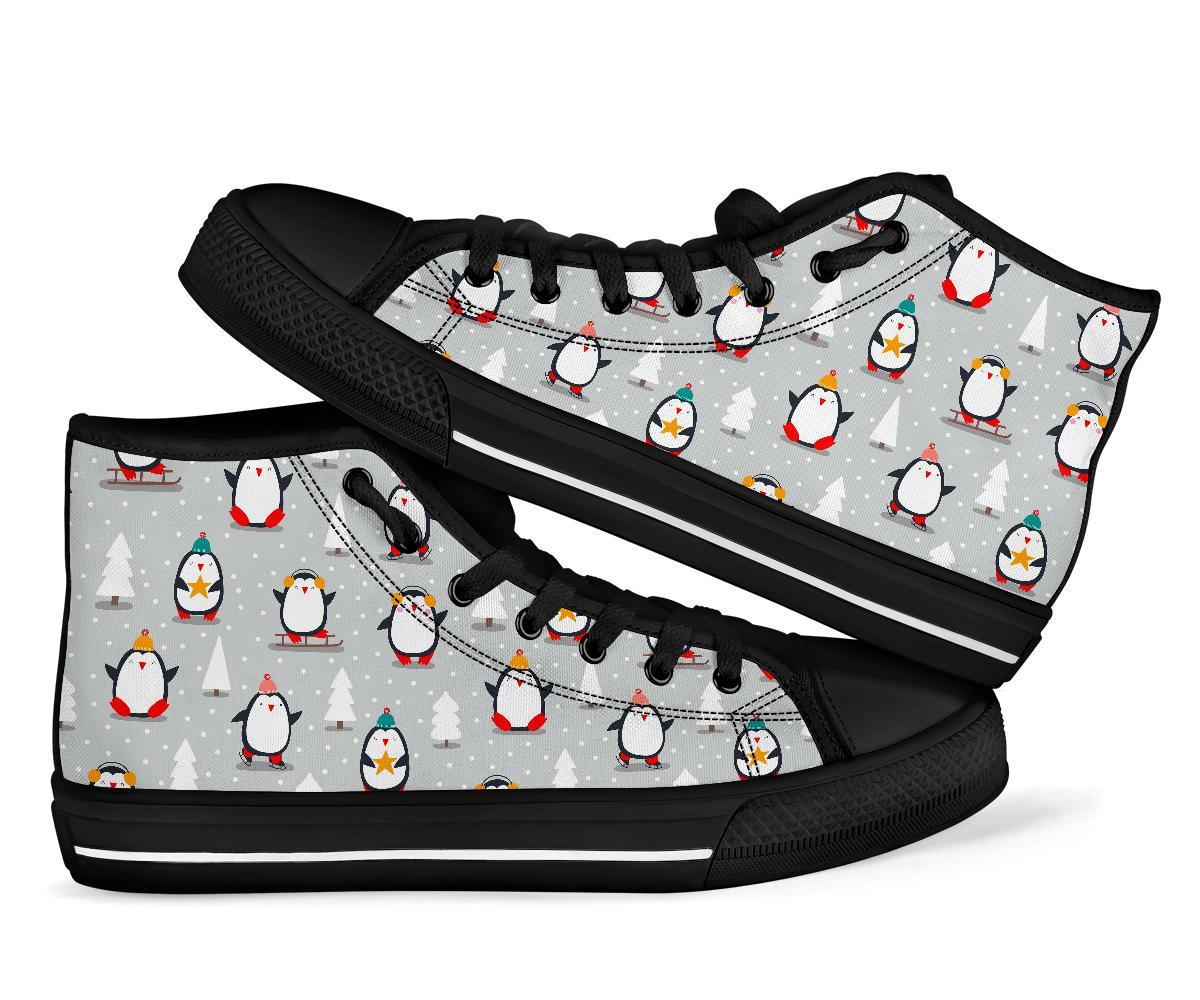 Christmas Tree Penguin Pattern Print Men Women’S High Top Shoes