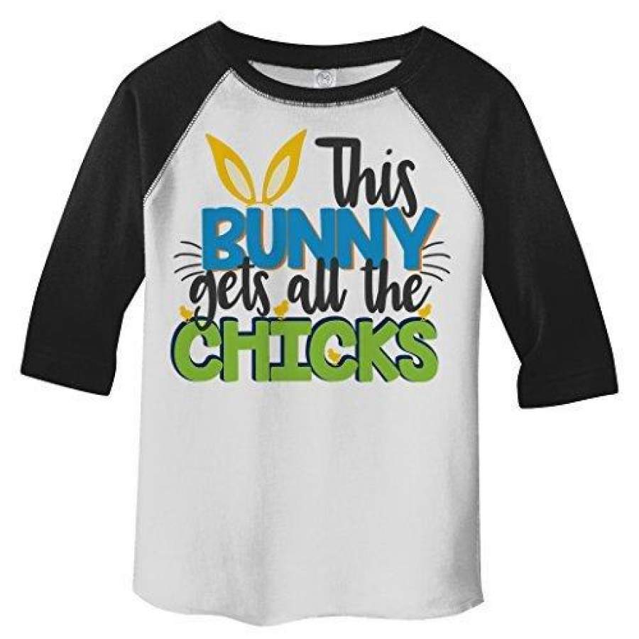 Shirts By Sarah Boy’s Toddler Funny Easter Bunny Gets All Chicks 3/4 Sleeve Raglan