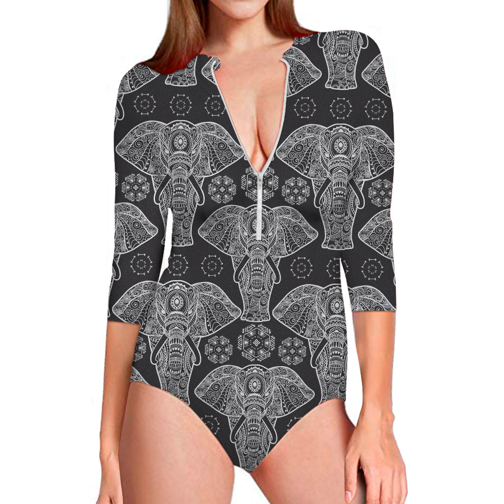 Black And White Boho Elephant Print Long Sleeve One Piece Swimsuit