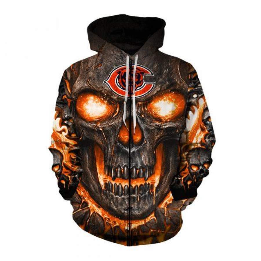 Men / Women New Design Chicago Bears Hello Darkness My Old Friend 3D Skull Zipper Hoodie, Chicago Bears All Over Print Skull Apparel