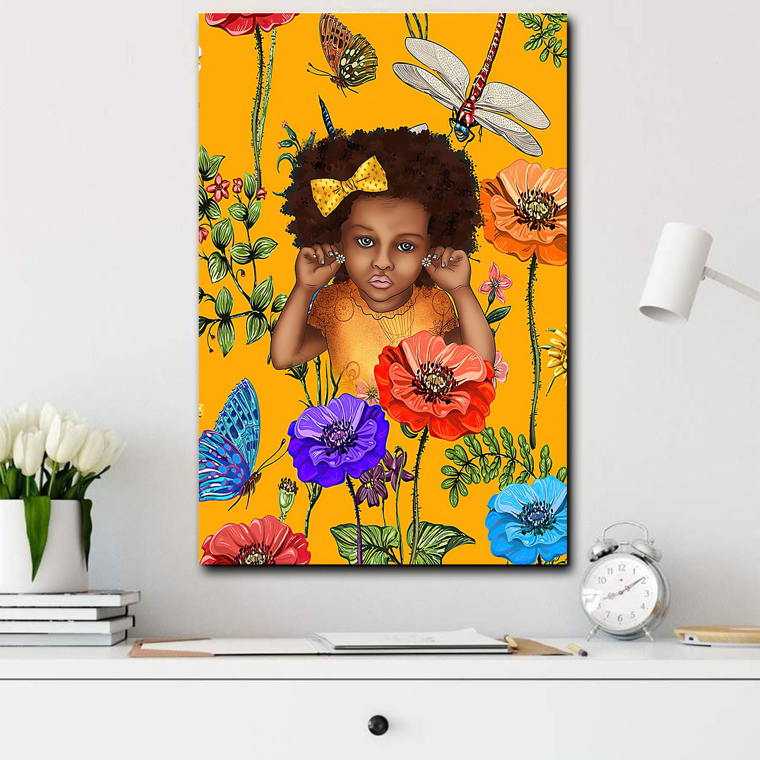 Afro Art Print Poster Black Chibi Flower Lovey Girl Minimalist Home Decoration