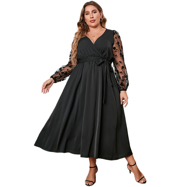 Brand New Plus Size Women Sexy Deep V Lace Long Sleeves Maxi Dress Elegant Casual Dresses Comfortable And Decent alx