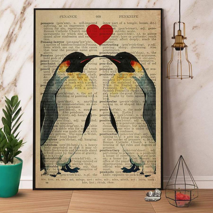 Penguin love dictionary paper poster no frame/ wrapped canvas wall decor full size