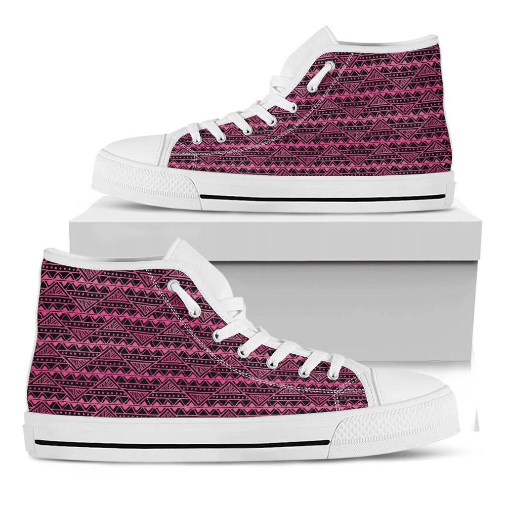 Pink African Ethnic Pattern Print White High Top Shoes For Men And Women