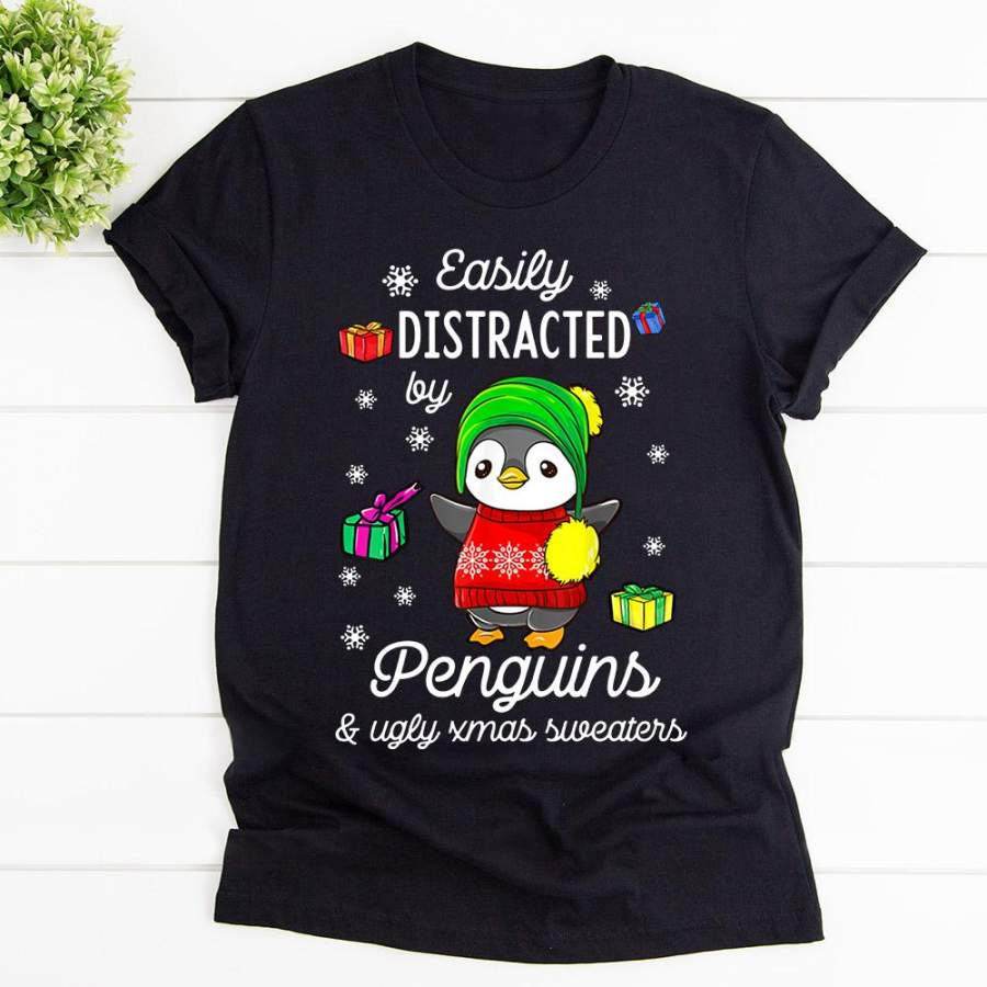 Easily distracted by penguins and ugly xmas sweaters christmas black cotton t shirt for men and women S-6XL