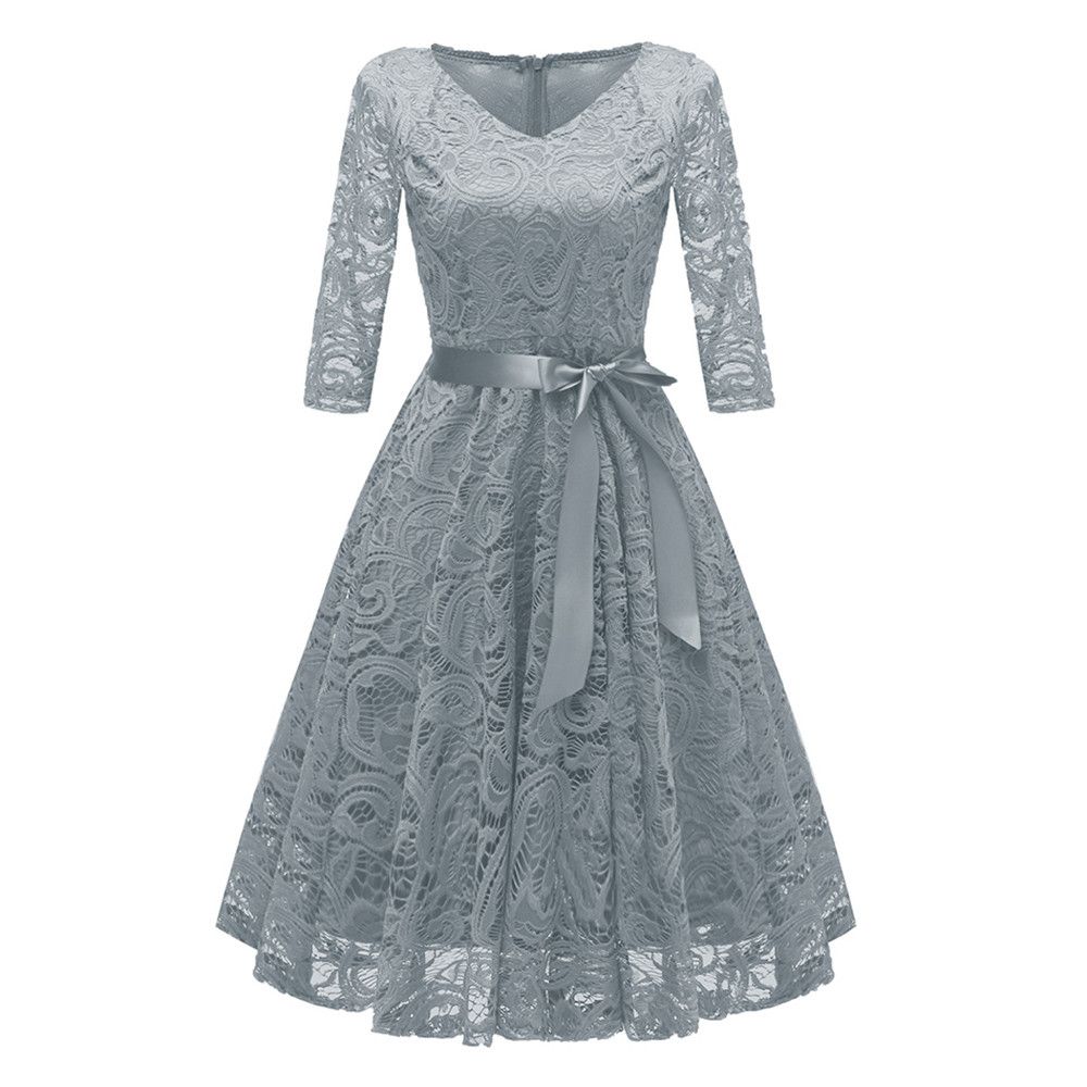 Vintage Princess Floral Lace Cocktail Elegant V-Neck Dress