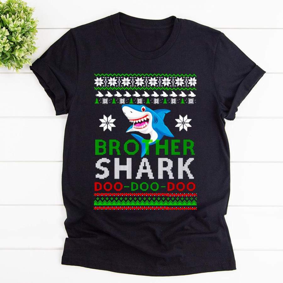 Christmas brother shark doo-doo-doo happy funny shark black cotton t shirt for men and women S-6XL