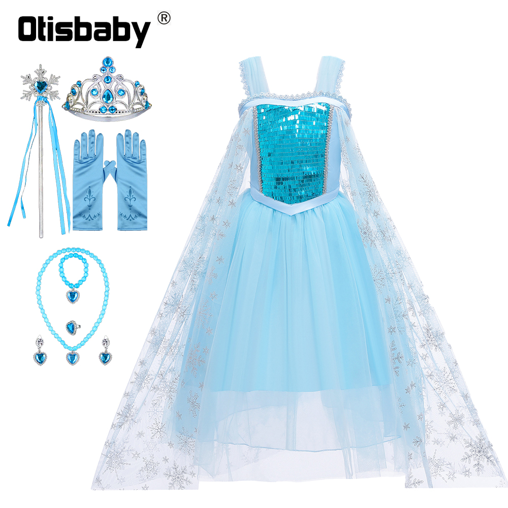 2021 Snow Queen Girls Elsa Dress Up Halloween Fancy Fairy Princess Costume Summer Birthday Party Toddler Dresses with Long Tail alx