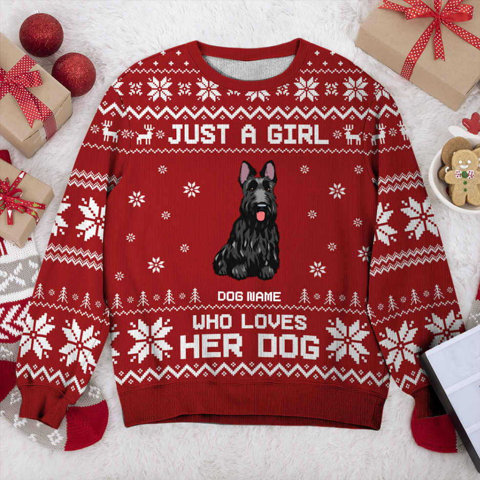 Scottish Terrier Just A Girl Personalized Sweater, Dog Ugly Christmas Sweater