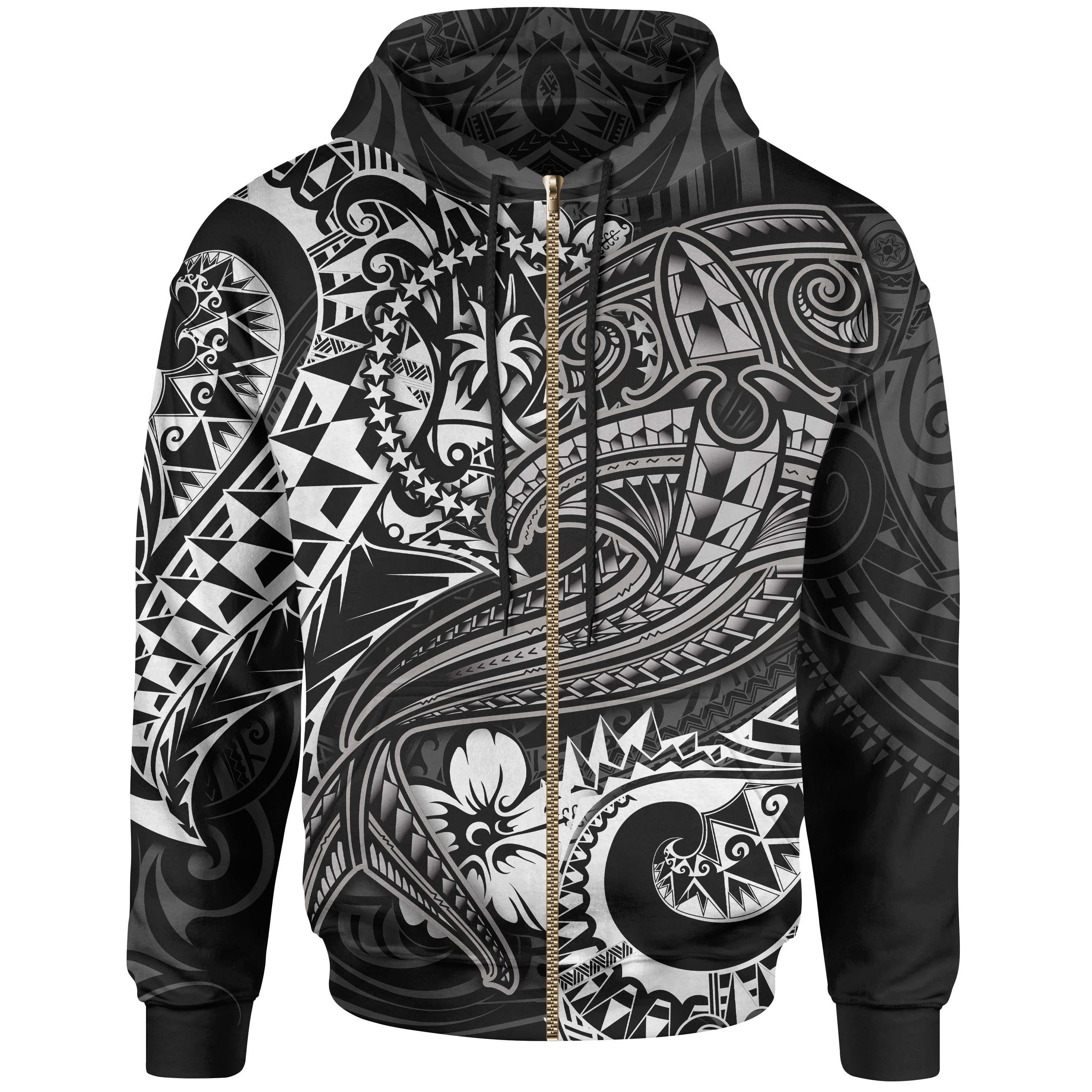 Chuuk Zip-up Hoodie  – White Shark Polynesian Tattoo – Pacific Print Hoodie