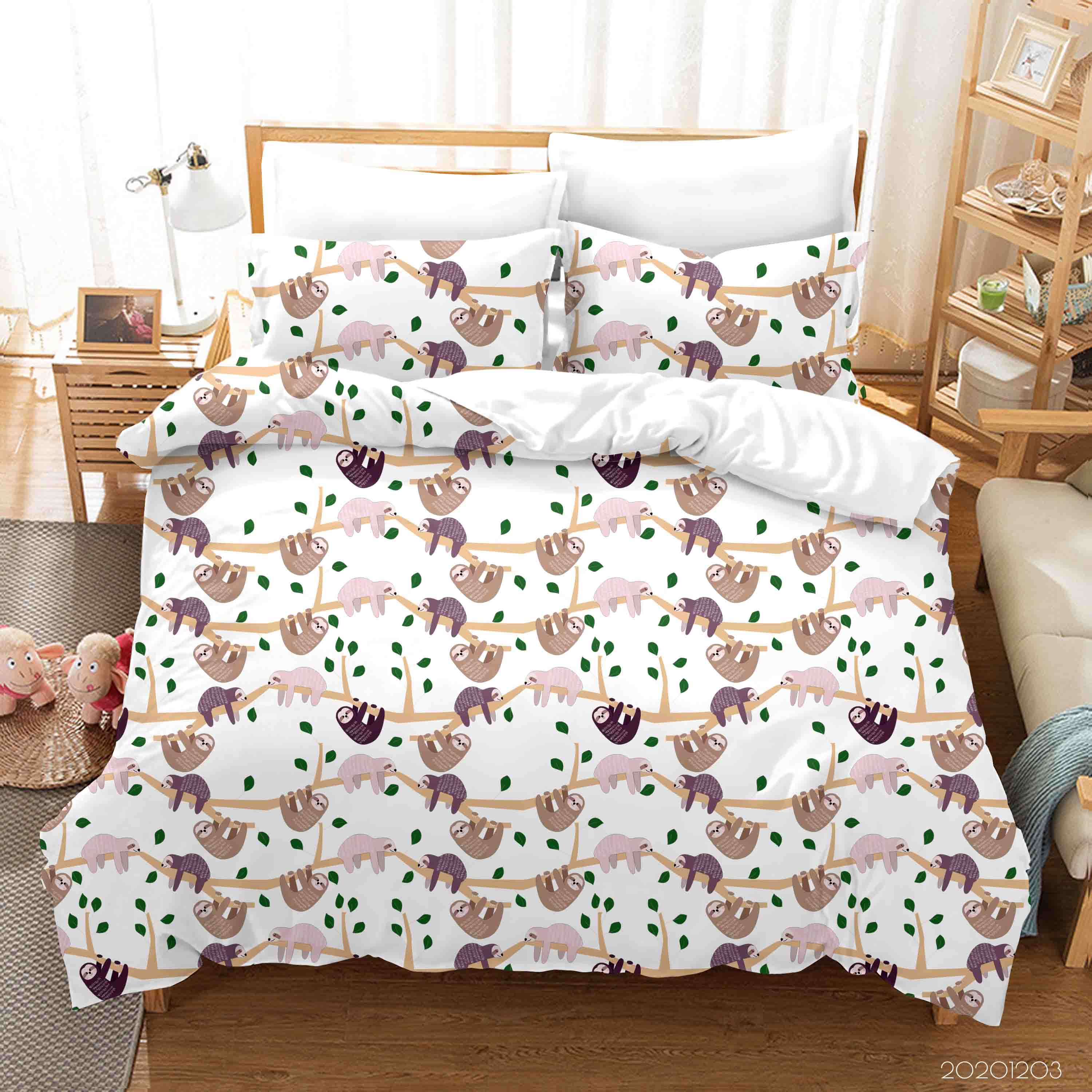 3D Cartoon Hand Drawn Cute Sloth Plant Illustration Animal Quilt Cover Set Bedding Set Duvet Cover Pillowcases Lxl