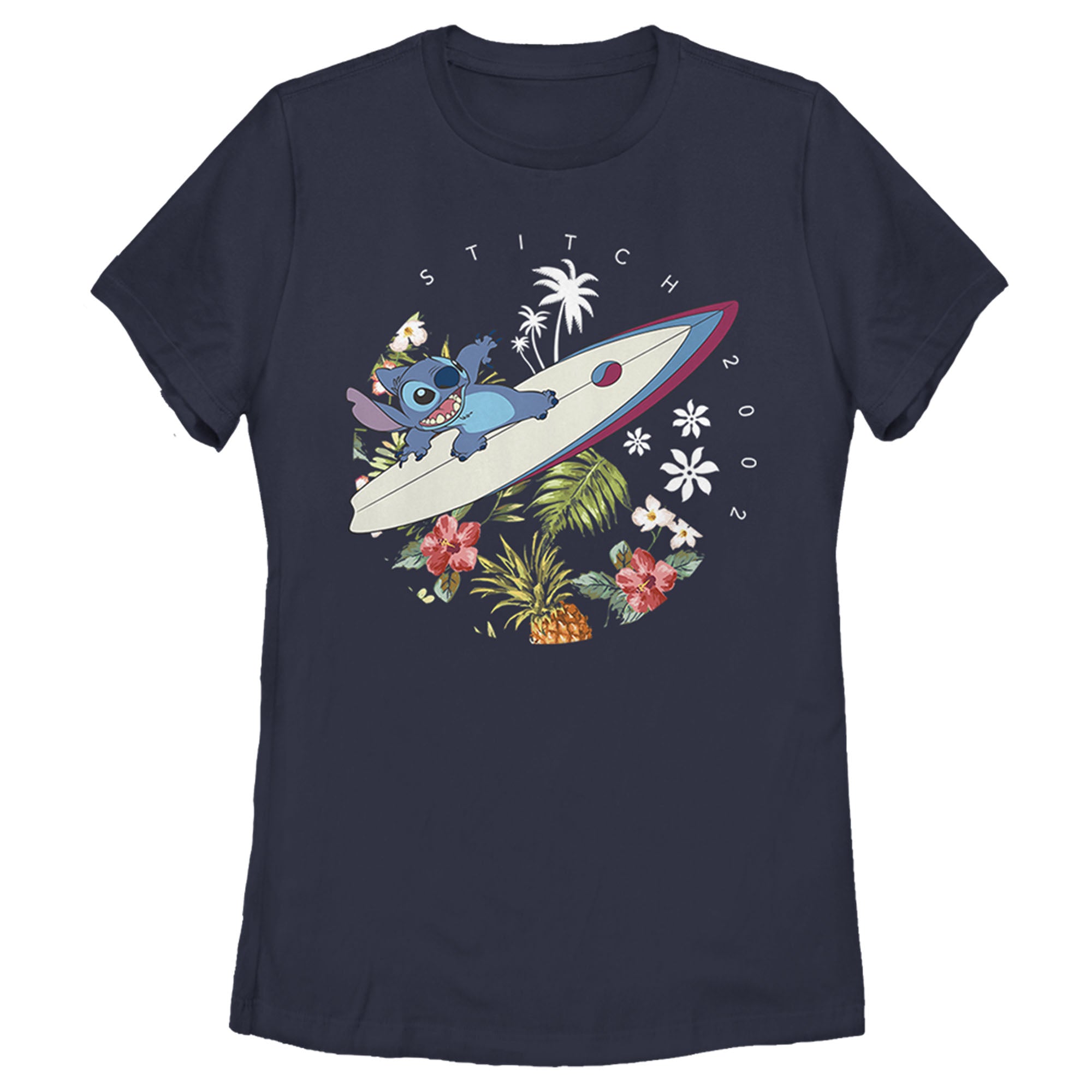 Women’S Lilo & Stitch Surfing Tropical Jungle Waves 2002 T-Shirt