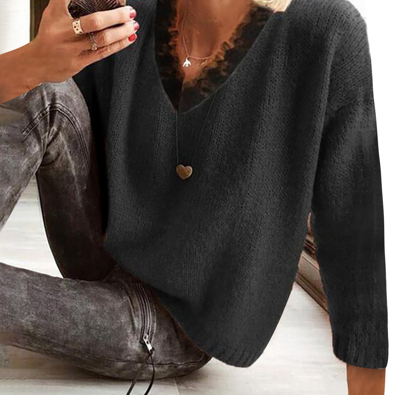 Casual V-neck Lace Long Sleeve Sweaters for Women Spring Winter Clothes Sexy Solid Color Black Sweater Office Lady Pullover alx