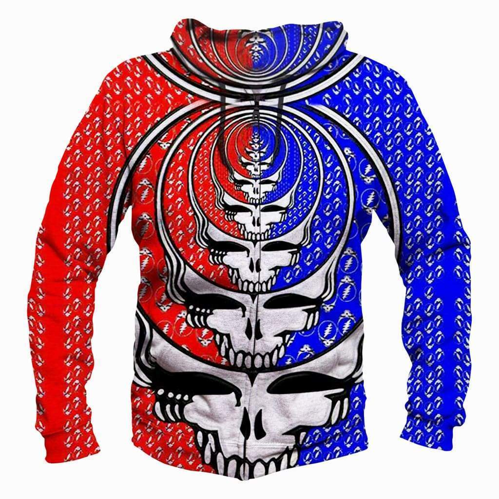 Funny Grateful Dead Hoodies – Zip Up  Red – Blue Skull 3D Hoodie T-Shirt