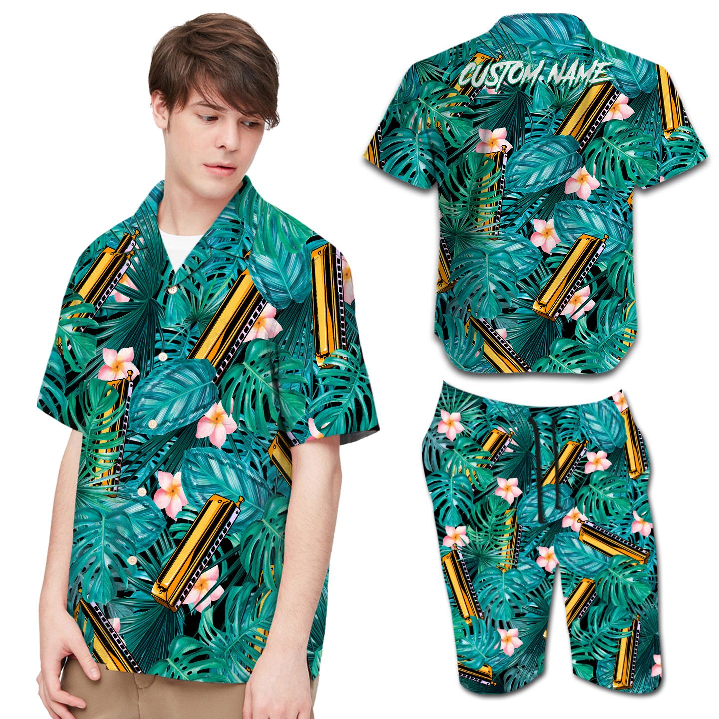 Harmonica Plumeria Tropical Leaves Custom Name Hawaii Shirt For Men In Daily Life Ha38445