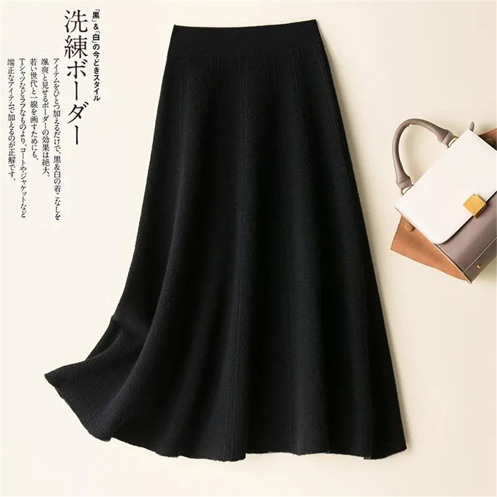 Vintage Brown Knitted Long Skirt 2021 Autumn Winter Women Casual Solid A Line Skirt Korean Female Black High Waist Midi Skirt alx